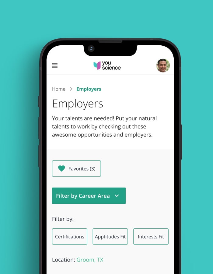 YouScience mobile application showing career filters